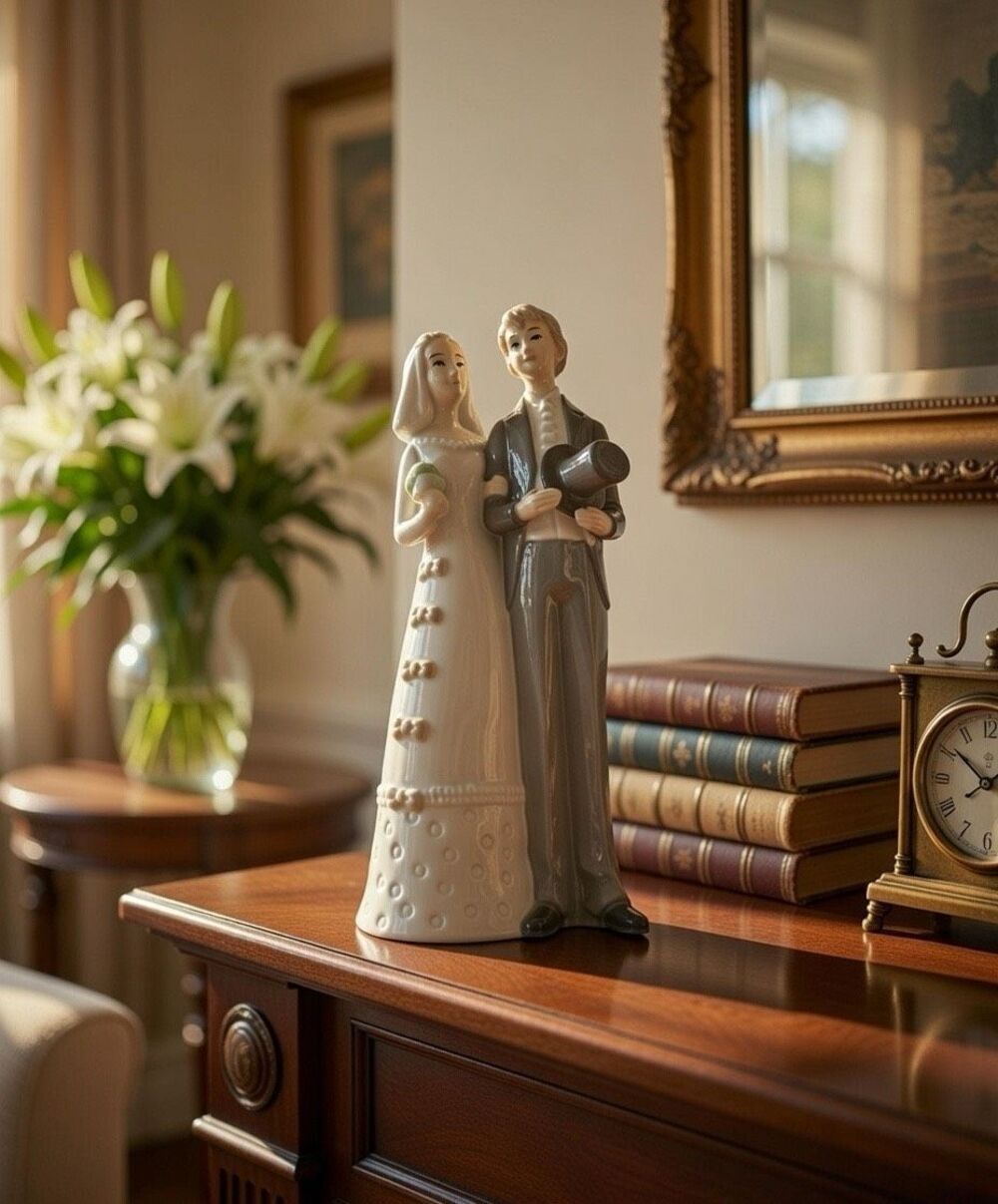 DUNCAN ROYALE 9.5" BRIDE & GROOM PORCELAIN GLAZED WEDDING. VINTAGE